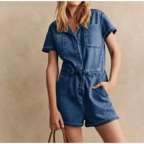 Sezane Denim Jumpsuit Romper Size 38 Organic Cotton / Hemp Fabric V-Neckline - Picture 2 of 11